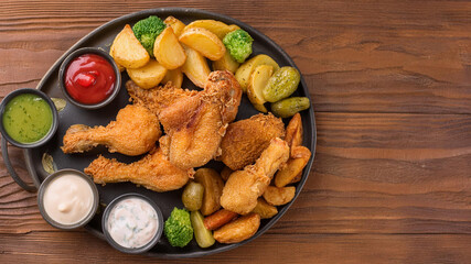 A plate with crispy fried chicken, potato and sauce on a wooden table, ai generated
