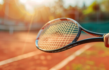 Close-up shot of a tennis player holding a racket intense sports focus athletic preparation tennis match in progress