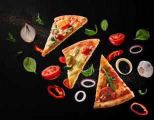pizza with salami, tomatoes and cheese flying in the air with black background
