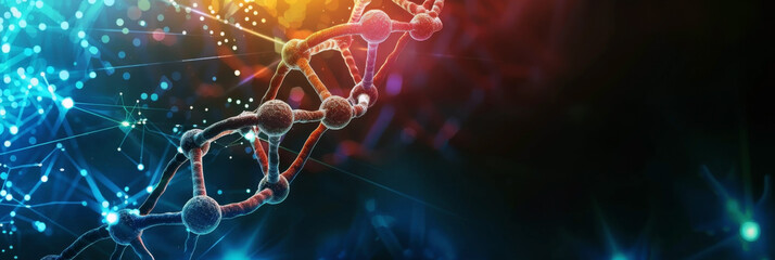 Red DNA molecule. World Science Day. Horizontal banner. Free space for text. World youth skills day Concept of biochemistry, medicine and health. Genetic and hereditary significance. Medical research