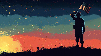 Veterans Day. Silhouette of soldier with USA flag. American military officer with weapon. Horizontal banner. Free space for text. Greeting card, poster for Flag Day, Memorial Day, Independence Day