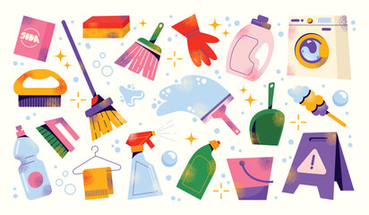 Set of cleaning tools and products. Equipment and accessories collection for cleaning home. Bucket, cleaning supplies, bottles, spray, brush, gloves. Housework concept. Vector illustration isolated