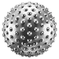 Chrome sphere with bumps. Abstract 3D shape in silver color isolated on transparent background. 3D render. Metallic element with matte texture.