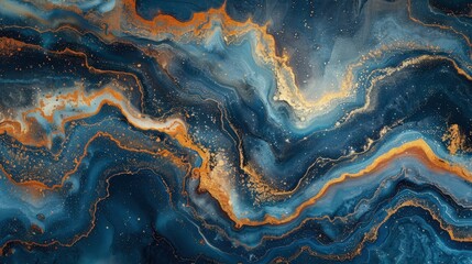 An elegant abstract design with a textured blue background, incorporating gold and rainbow effects to mimic the look of liquid paint and mineral textures, perfect for creative and luxury wallpaper