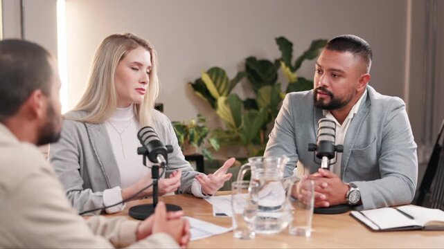 Podcast, presenter and people with mic in interview for recording, conversation and guest on talk show. Discussion, info and host with broadcast for celebrity news, content creation or live streaming