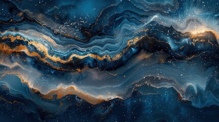 Fototapeta premium A high-resolution abstract image showcasing a textured blue background with gold and liquid paint effects, creating a seamless pattern that reflects the elegance of mineral and rainbow textures