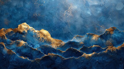 A sophisticated abstract design showcasing a textured blue backdrop with gold and fluid paint effects, creating a seamless and creative wallpaper that mimics the elegance of mineral surfaces and