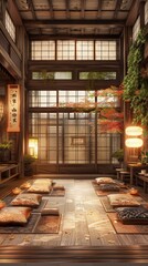Fototapeta premium Elegant Japanese Restaurant Interior Design Reflecting Traditional Eastern Aesthetics and Modern Comfort for a Serene Dining Experience.