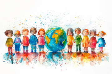 Watercolor illustration of children holding hands around Earth, symbolizing global unity and environmental awareness. Ideal for businesses in education, environmental campaigns, Earth Day promotions 