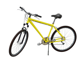 Yellow bicycle standing while leaning on kickstand, side view. Bike resting on kick stand. Png clipart isolated on transparent background