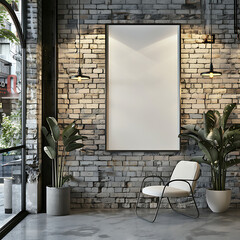 "Realistic Poster Image Mockup on Brick Wall in Luxury Modern Clothing Shop"