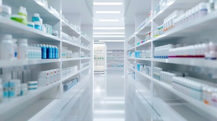 Obraz premium Futuristic 3D Hospital Pharmacy with Smart Shelves and Digital Interfaces for Medication Management