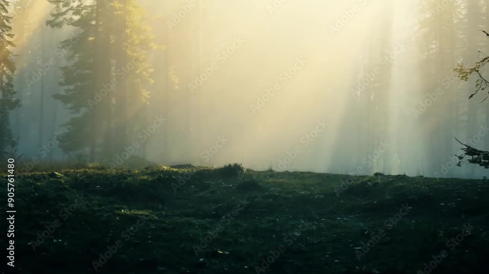 Poster golden rays of sunlight filter through trees shrouded in morning mist, illuminating a tranquil fores