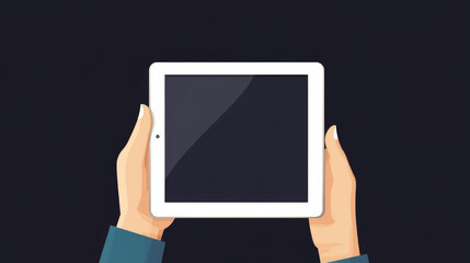 Illustration of hands holding a tablet with a blank screen against a dark blue background, suitable for displaying digital applications and content.
