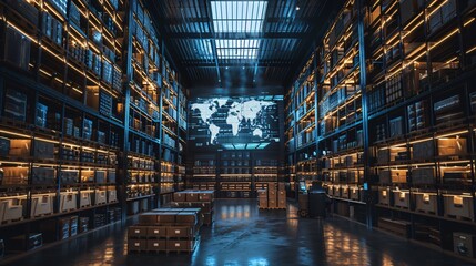 Modern Warehouse Interior with Global Network Map