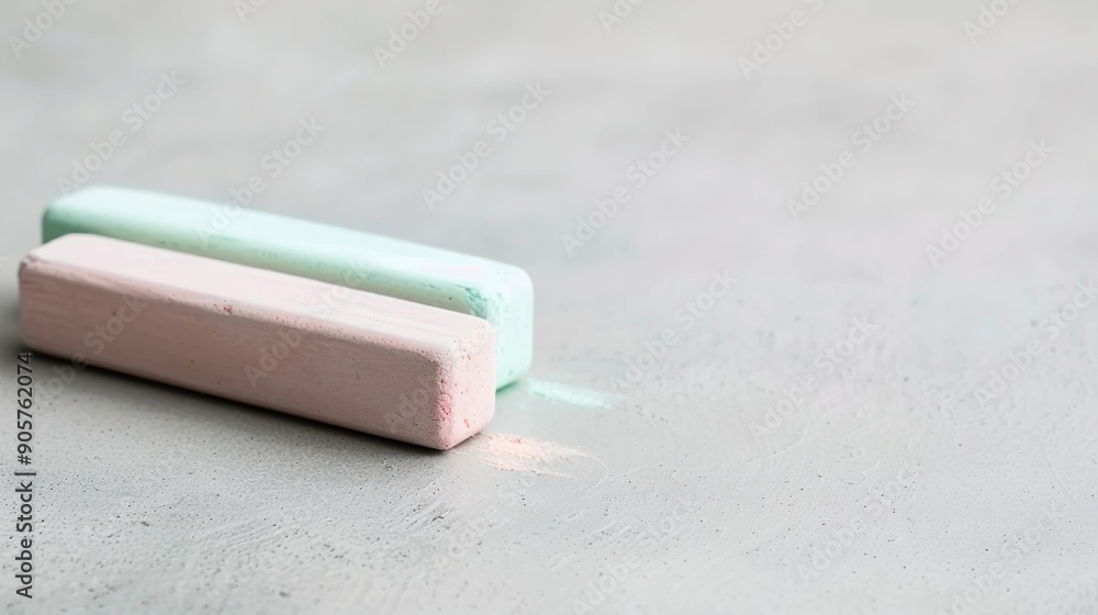 Poster chalk and eraser close-up on white background with soft lighting, educational concept with copy spac