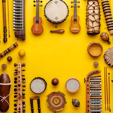"Creative Flat Lay Template of Traditional Musical Instruments Celebrating Cultural Diversity"