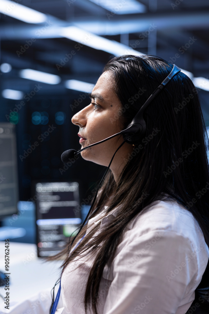 Poster data center technician responsible for providing logistics support to customers. close up of it prof