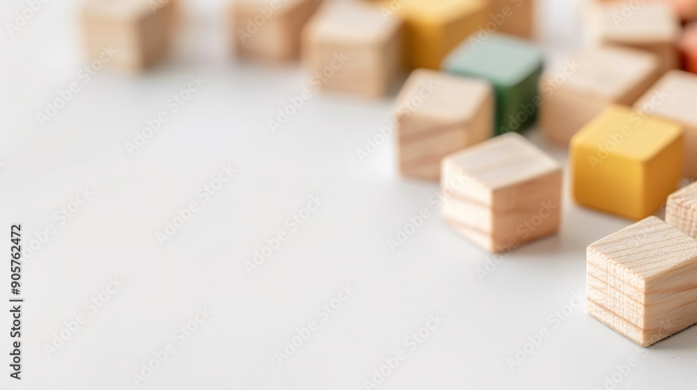 Poster alphabet blocks close-up in soft diffused light on white background with copy space for educational 