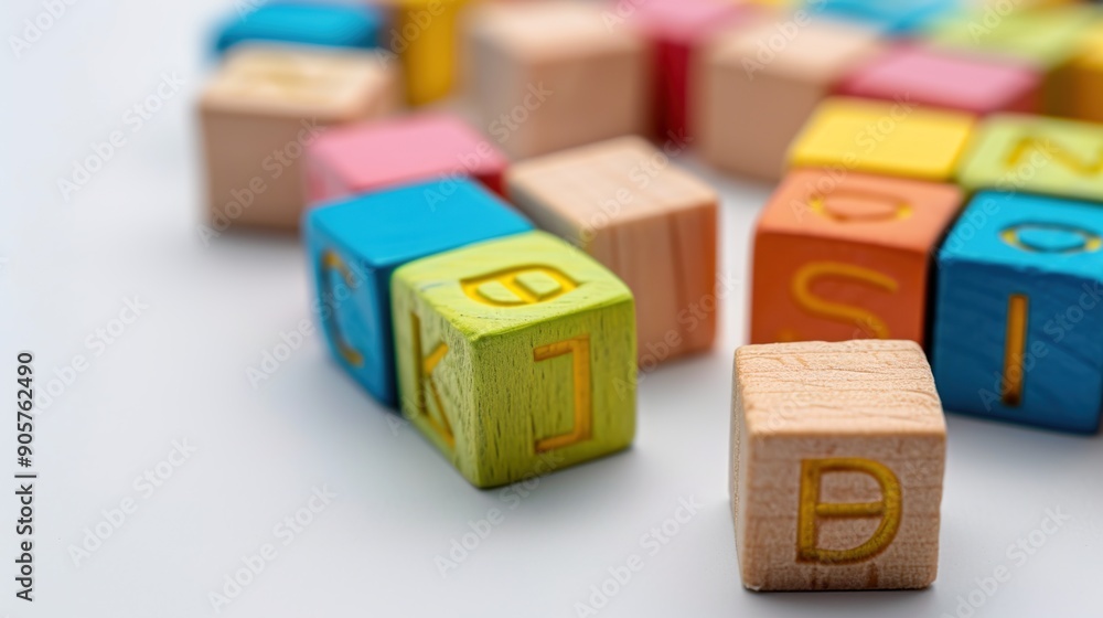 Poster educational alphabet blocks in soft diffused light close-up on white background with copy space.