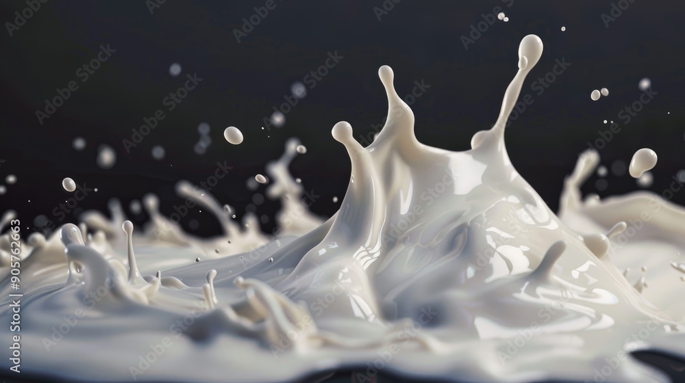 Aufkleber close up milk splash with rings and waves in dark background emphasizing transparency and macro pers