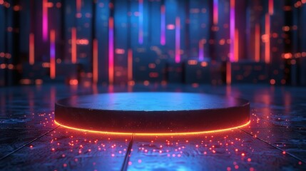 Obraz premium A sleek and modern 3D podium set in a tech-themed environment, with an illuminated ring and abstract design elements, perfect for futuristic product presentations and studio scenes