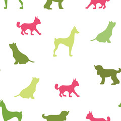 Vector seamless repeating childish pattern with cute dogs, cats in Scandinavian style. Animals background with dog, cat, pets, puppy for invitation, poster, card, flyer, textile, fabric