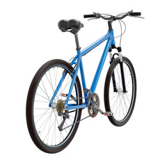 Blue bicycle, top back view. Black leather saddle and handles. Png clipart isolated on transparent background