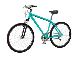 Blue teal bicycle, side front view. Black leather saddle and handles. Png clipart isolated on transparent background