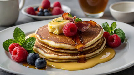 An elegantly plated breakfast with fluffy pancakes drizzled with maple syrup, crispy bacon, scrambled eggs, and a side of fresh berries, garnished with a sprig of mint.