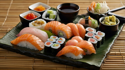 A meticulously arranged sushi platter with a variety of nigiri, sashimi, and rolls, garnished with pickled ginger, wasabi, and soy sauce, displayed on a traditional bamboo mat.