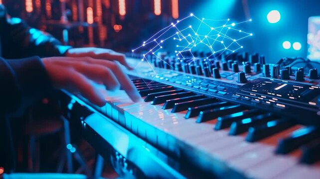 A young person's hands play an electronic keyboard in a dimly lit room with blue lighting, while digital graphics overlay the scene. The mood is futuristic and creative.