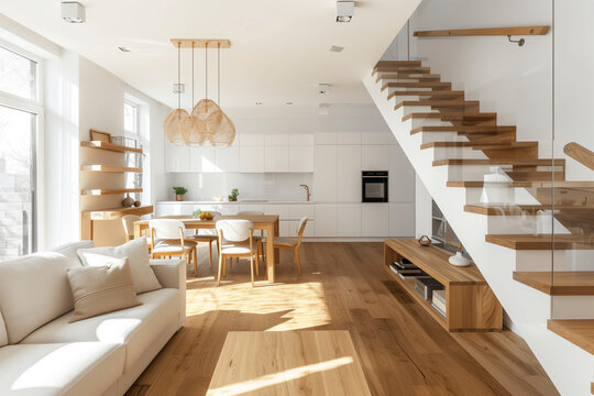 Living room of a two-story house decorated with white and light wood staircase to upstairs spacy living
