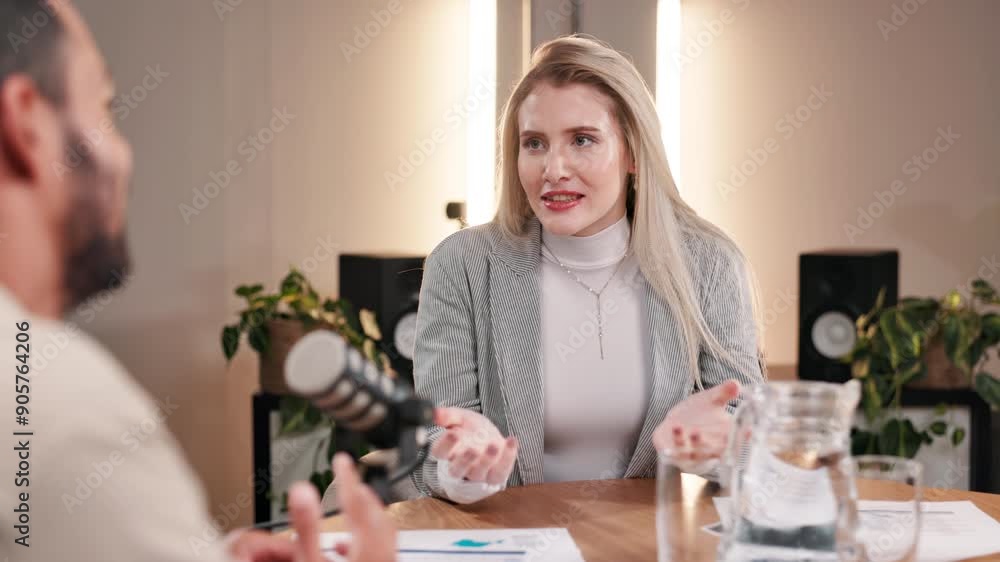 Poster podcast, interview and woman with mic in conversation for broadcast, recording or guest on talk show