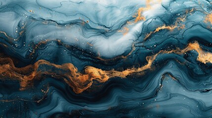 Fototapeta premium A sophisticated abstract background featuring a blue marble design with gold watercolor details, complemented by gray, white, and dark green tones, creating a fluid, luxury gradient effect on a