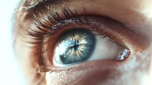 Reflection of Christian Cross in Man's Eye Closeup - Contemplating Belief in Jesus Christ, Sacrifice, and Grace, Holy Bible Believer's Faith and Forgiveness 