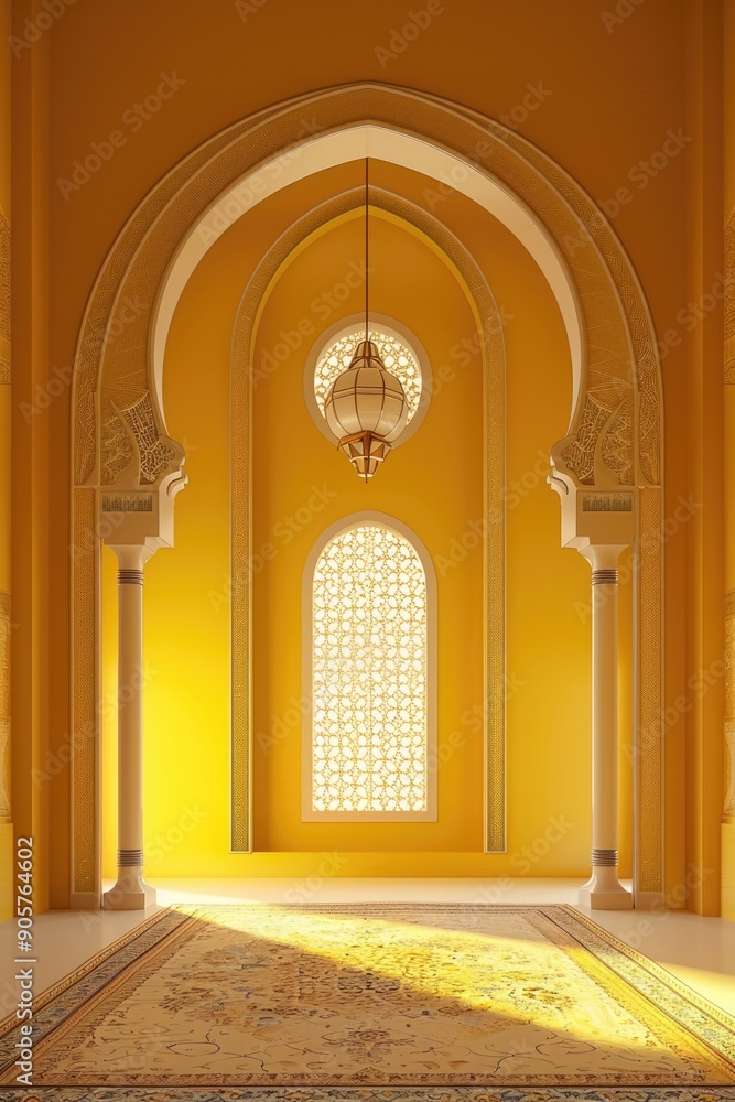 Poster a simple empty room with a chandelier and yellow walls
