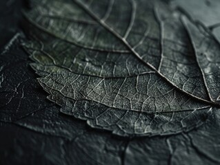 A close-up view of a dark leaf texture, showcasing intricate veins and natural patterns, perfect for nature and botanical themes.