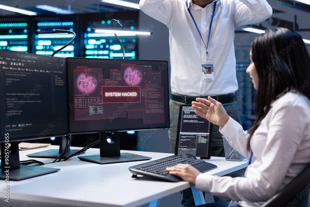 Poster team of developers in server hub frightened by hacker passing firewall and stealing data. coworkers 