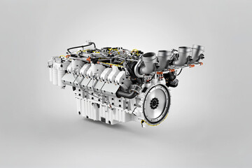 Diesel engine isolated on white background. Modern powerful engine design.