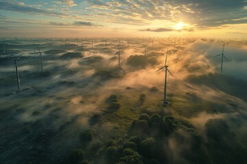 Field of wind turbines energy alternative generation sunset. AI generated