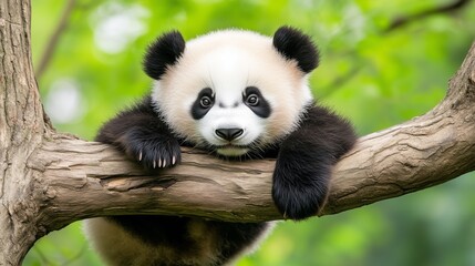 Obraz premium Adorable Panda Cub Hanging on Branch