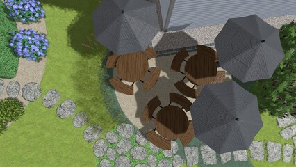 3d image of the landscape design of the home territory. Landscaping of the territory. Computer visualization of composite landscaping and landscaping solutions.