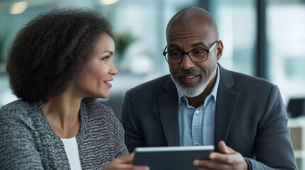 Fototapeta premium Business Colleagues Discussing Project on Tablet