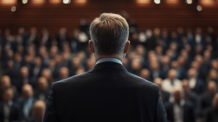 Fototapeta premium A gathering of individuals attentively watching a speaker at a conference, with focus on the audience.