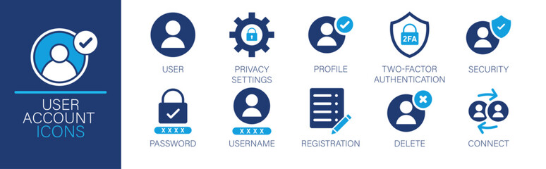 User account icon collection. User, privacy settings, profile, two-factor authentication, security, related. Vector collection of solid icons.