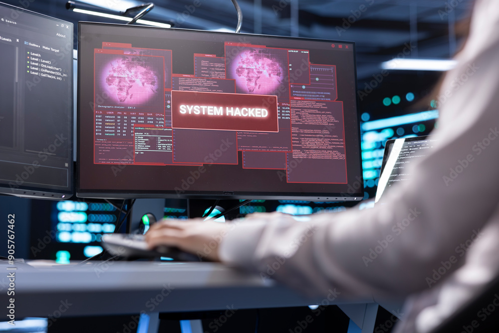 Poster it professional in server hub trying to protect hardware from hacker stealing information. worker in