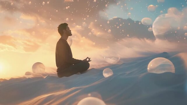 A young afroamerican man meditates peacefully at sunset in a serene desert. He is surrounded by mystical floating orbs under a vivid sky, creating a reflective and tranquil mood.