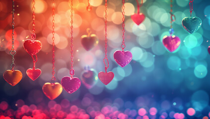 Valentine's Day Decorations with Hanging Strings and Tiny Hearts Bokeh Effect