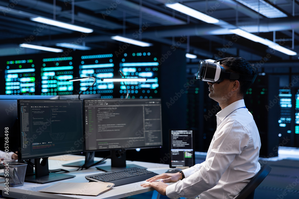 Poster it specialist using vr headset to do maintenance on server rows in computer network security data ce